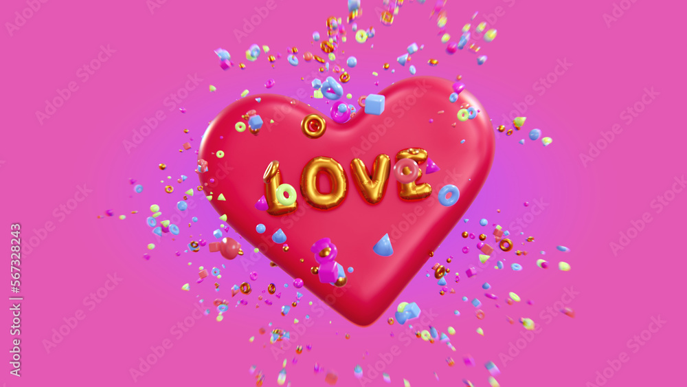 Happy Valentine's Day. Holiday wedding. happy birthday. Festive background with abstract figures in red and yellow colors, a Romantic banner and a web poster. Design icon heart symbol love. 3d render