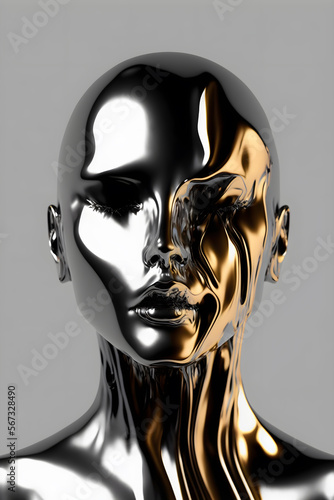 Distorted face of mannequin made of metal. Surrealist art and modern concept. Generative AI.