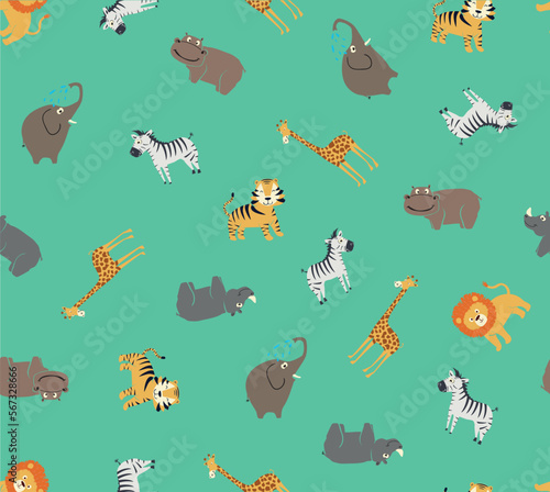 vector seamless pattern with funny african animals, hippo, lion, giraffe, zebra, tiger, elephant cartoon