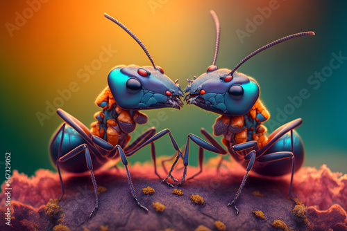 the deformed macro ant couple love. colorful background. cartoon concept.