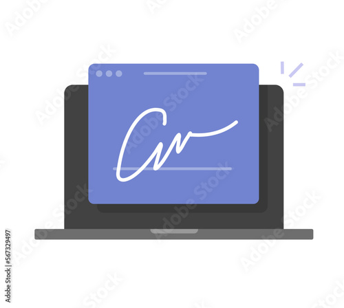 Signature digital electronic on laptop web service screen icon vector, online contract deal signing symbol flat graphics design illustrated, internet autograph clipart image