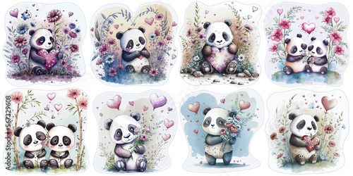 Valentine Day Watercolor Cute Pandas and hearts love couple Sticker. Generative AI photo