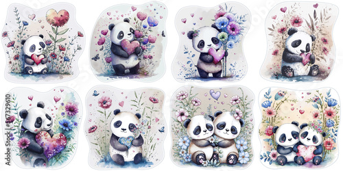 Valentine Day Watercolor Cute Pandas and hearts love couple Sticker. Generative AI photo