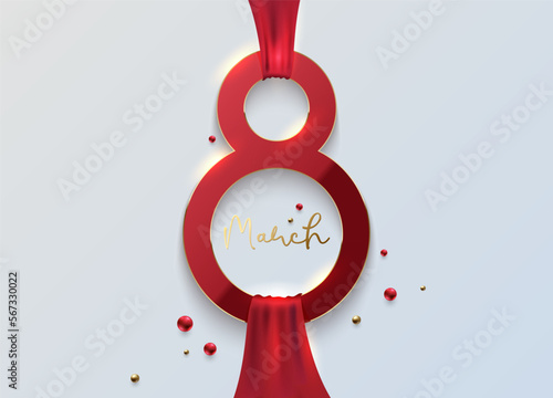 Elegant 8 March banner with red 3d number 8 and red ribbon on white background. March gold line luxury text, red golden beads. Women's day vector stylish design illustration