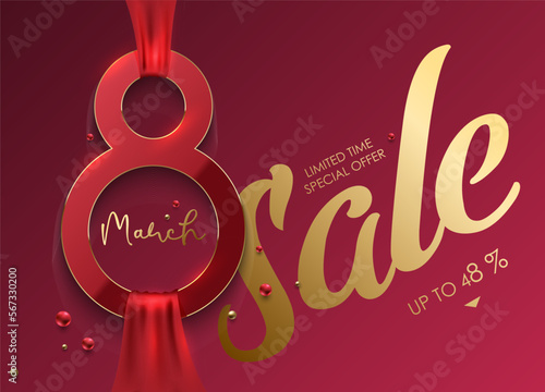 Elegant 8 March sale banner with red 3d number 8 and red ribbon on pink magenta background. Sale limited time special offer gold luxury text, bead. Women's day sale vector stylish design illustration