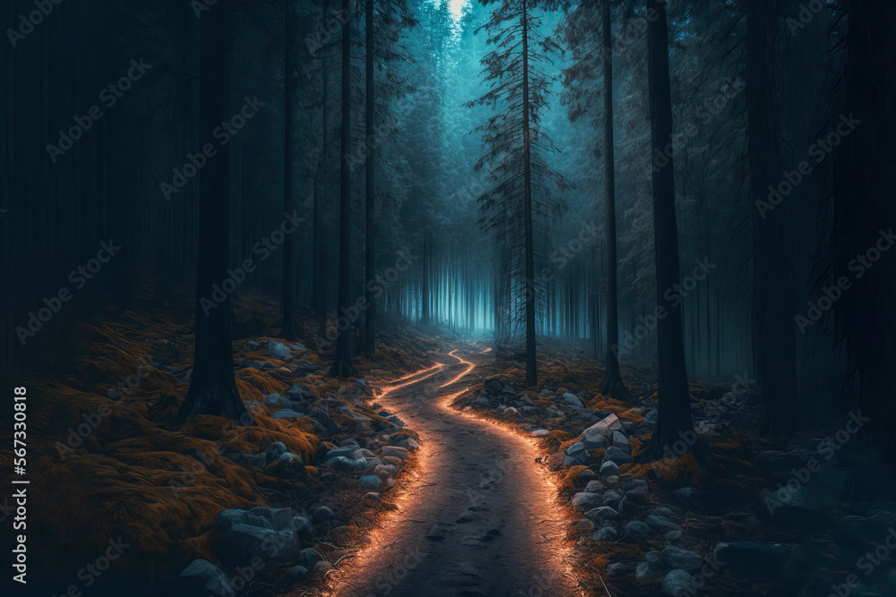 Mysterious pathway in midnight winter forest. Tree silhouettes in the dark. Post-processed digital AI art
Mysterious pathway in midnight winter forest. Tree silhouettes in the dark. Post-processed digital AI art