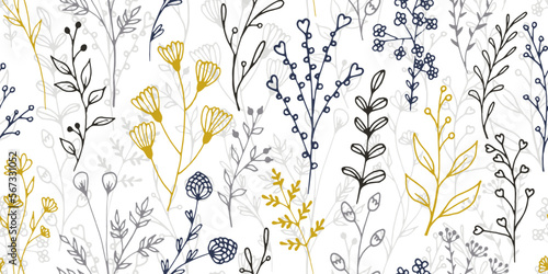 Field flower sprouts organic vector seamless ornament. Vintage herbal textile...