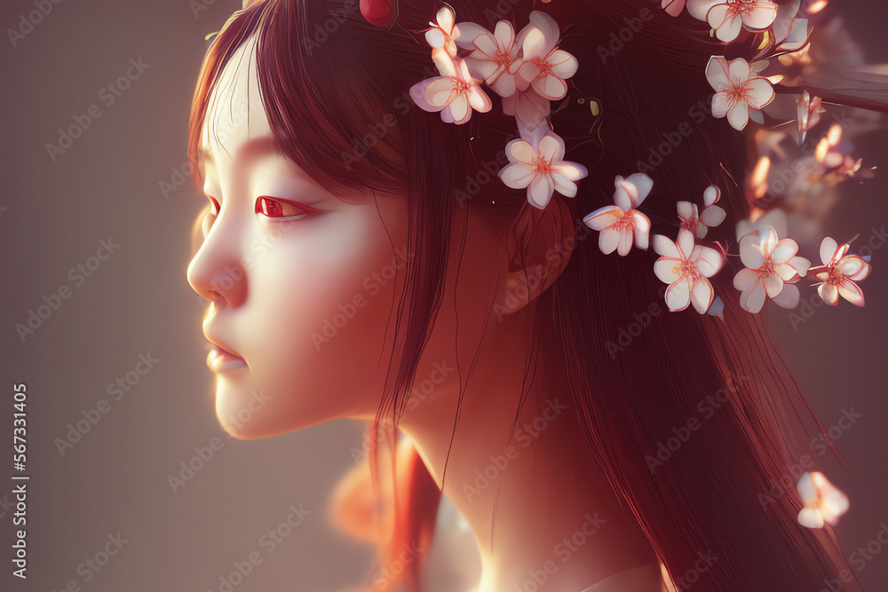 Portrait of a young japanese woman with traditional clothing and cherry blossom in her hair - Generative AI
