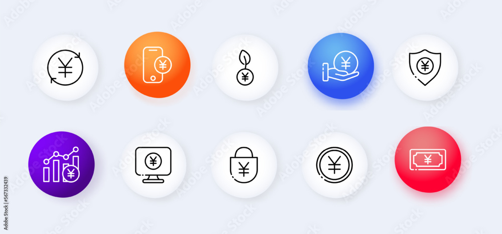 Yen set icon. Dollar bills, cents, stat, graph, currency, coins, arrows, bag, transfer, transaction, accrual. Financial management concept. Neomorphism style. Vector line icon for Advertising Yen set icon. Dollar bills, cents, stat, graph, currency, coins, arrows, bag, transfer, transaction, accrual. Financial management concept. Neomorphism style. Vector line icon for Advertising