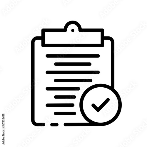 Clipboard with a checkmark line icon. Document, survey, documentation, research, sheet of paper, file, approved. Business concept. Vector line icon on white background