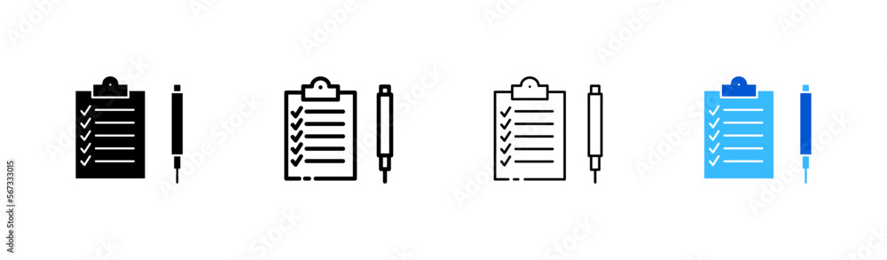 Clipboard with a pen line icon. Document, survey, documentation, research, sheet of paper, file, approved. Business concept. Vector icon in line, black and colorful style on white background Clipboard with a pen line icon. Document, survey, documentation, research, sheet of paper, file, approved. Business concept. Vector icon in line, black and colorful style on white background