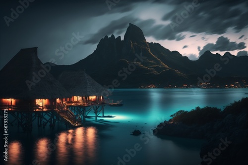 photo resembling the four seasons bora bora in the frech polynesia, stunning mountains in the background with a house on top of the sea