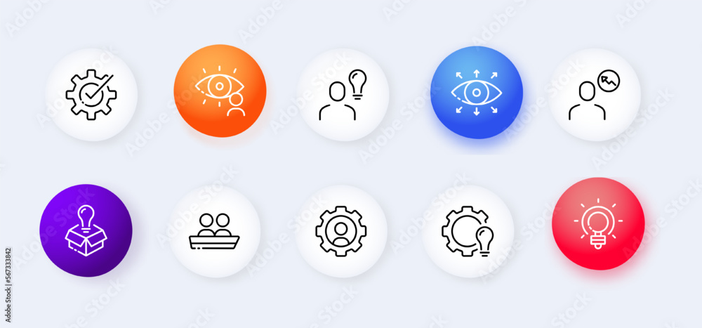 Gear set icon. Control panel, setting, setup, cube, art, inspiration, scroll, book, instruction, website, tune, install, adjust, configuration file. Neomorphism style. Vector line icon for Advertising Gear set icon. Control panel, setting, setup, cube, art, inspiration, scroll, book, instruction, website, tune, install, adjust, configuration file. Neomorphism style. Vector line icon for Advertising