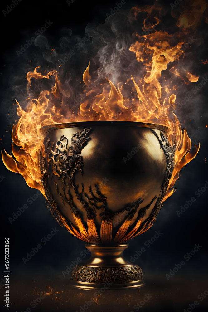 Championship cup. Fire in a glass of water. Poster Background. A cup with flames. Generative AI