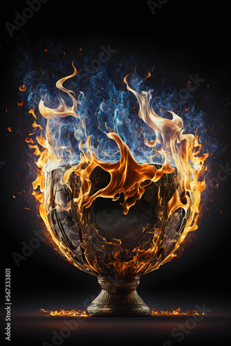 Award for the best and first, Symbol of success, Symbol of victory, Burning cup, championship trophy, Background of the poster, Championship cup with flames, Generative AI