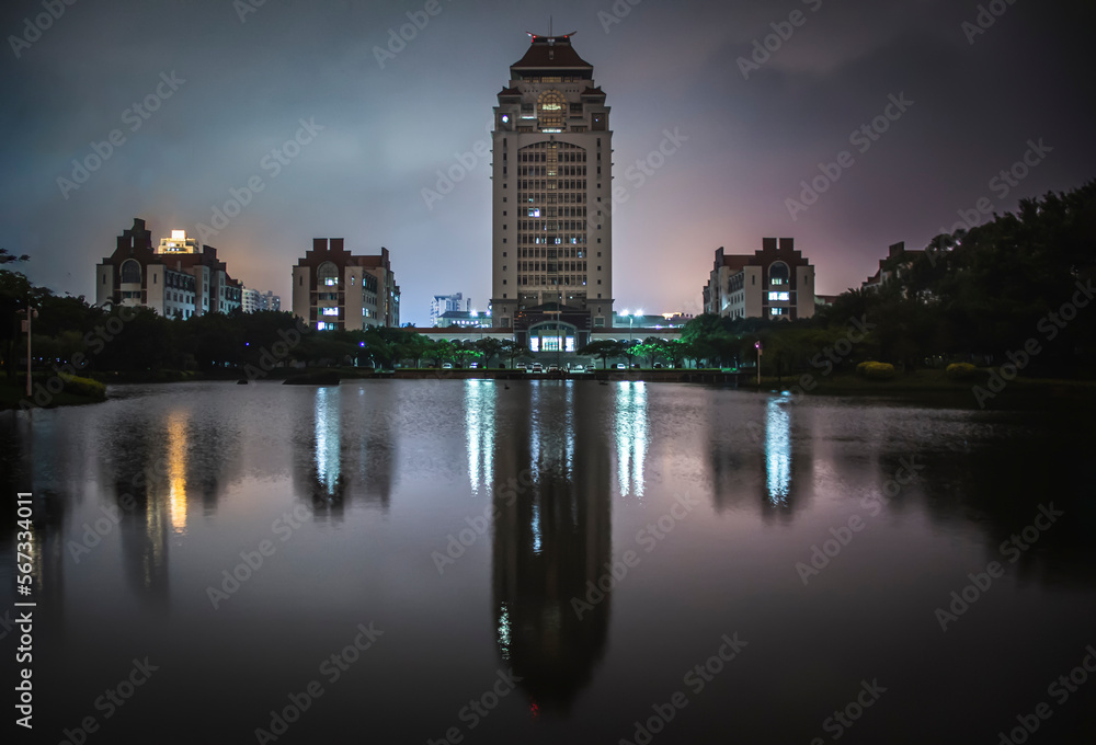 The Xiamen University library and Main Buildings at night