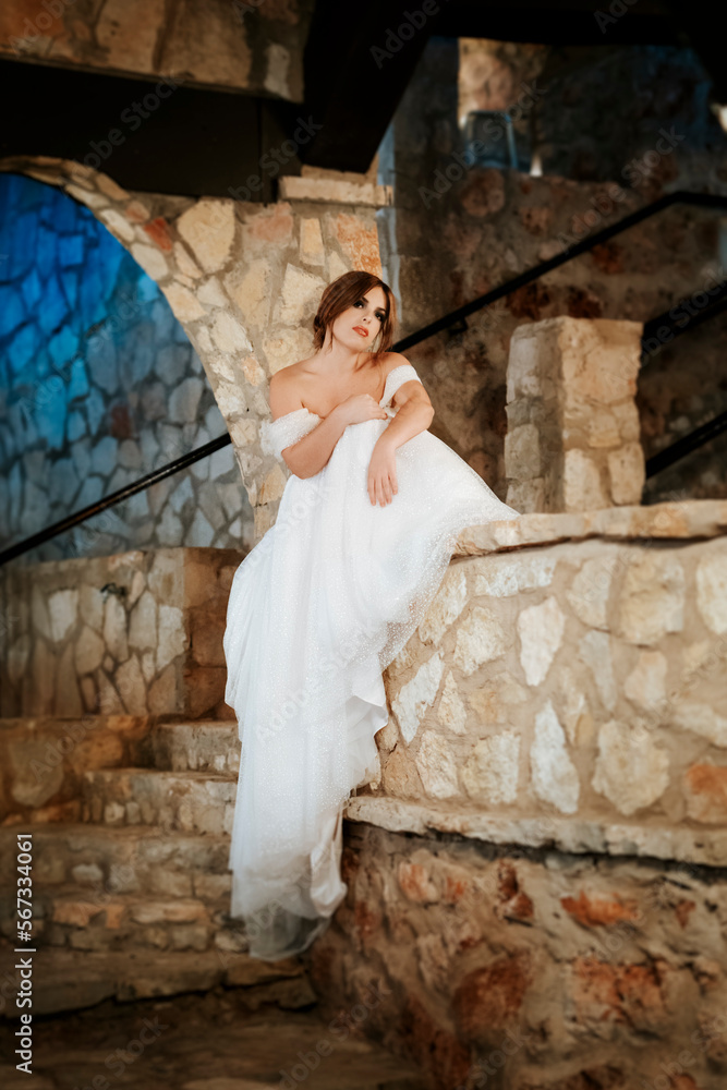 Moody beautiful bride posing in the castle