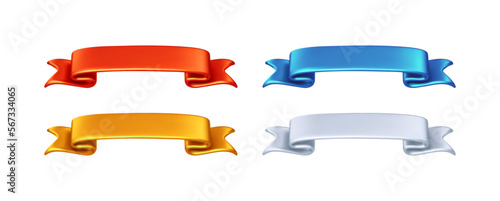 Set color 3d ribbon banner sale. Red, blue, golden and silver blank label flag icon. Vector realistic illustration