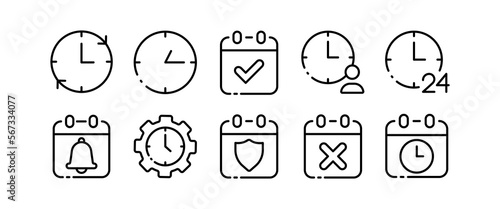 Clocks set icon. Punctuality, signboard, schedule, hourglass, alarm clock, timer, stopwatch, 24, around the clock, planning, appointment. Vector line icon on white background