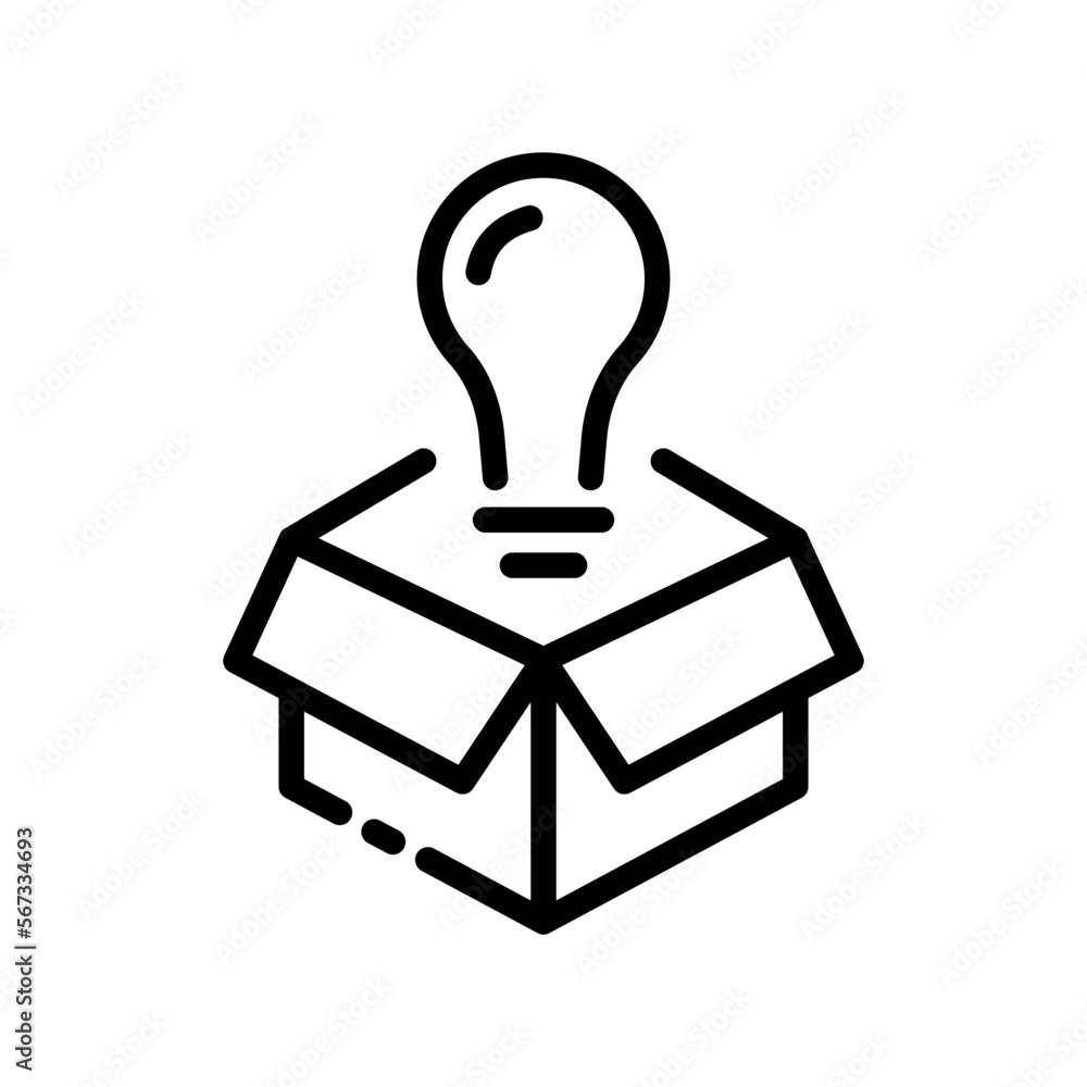 Light bulb in the box line icon. Lighting, electricity, electric, shine, wiring, glow. Thinking, creative idea, creativity, solution, strategy. Technology concept. Vector line icon on white background Light bulb in the box line icon. Lighting, electricity, electric, shine, wiring, glow. Thinking, creative idea, creativity, solution, strategy. Technology concept. Vector line icon on white background