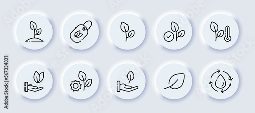 Botanical icon set. Leaf, medicines, treatment, immunity, doctor, pharmaceuticals, warning, recommendations, virus, bacteria, weather, season. Neomorphism style. Vector line icon for Advertising