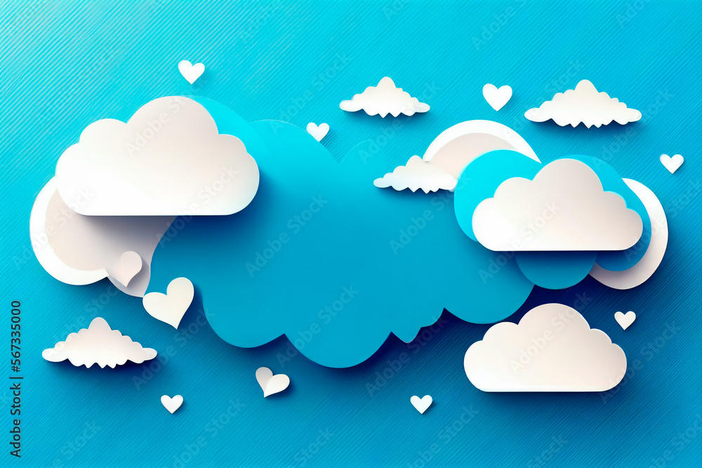 Paper elements in shape of heart and clouds flying on blue background ...