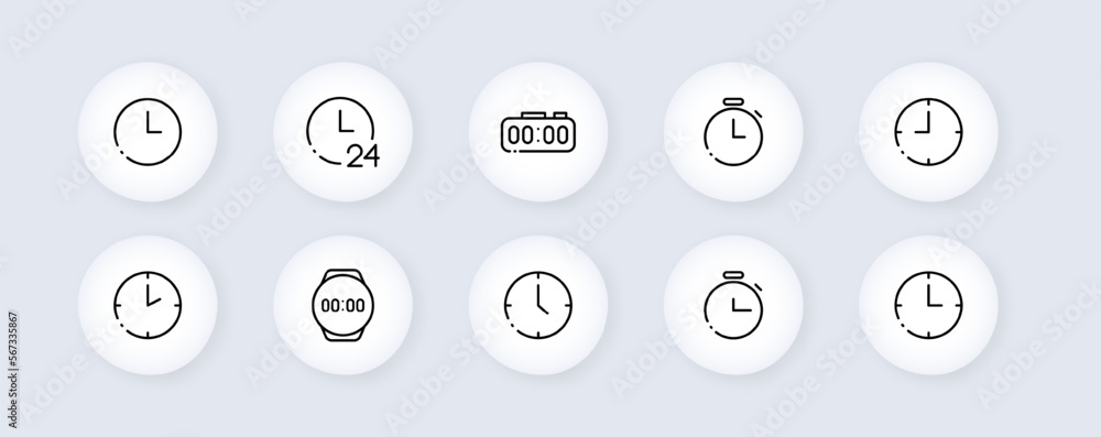 Clock neomorphic line icons set. Call, appeal, timer, stopwatch, deadline, speed, available, communication, help, call center, around the clock. business concept. Vector neomorphic line icons set Clock neomorphic line icons set. Call, appeal, timer, stopwatch, deadline, speed, available, communication, help, call center, around the clock. business concept. Vector neomorphic line icons set