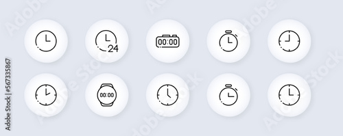 Clock neomorphic line icons set. Call, appeal, timer, stopwatch, deadline, speed, available, communication, help, call center, around the clock. business concept. Vector neomorphic line icons set