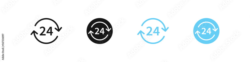 Clock 24 icon. Time symbol. Watch signs. Hour symbols. 2 arrows icons. Black and blue color. Vector sign. Clock 24 icon. Time symbol. Watch signs. Hour symbols. 2 arrows icons. Black and blue color. Vector sign.