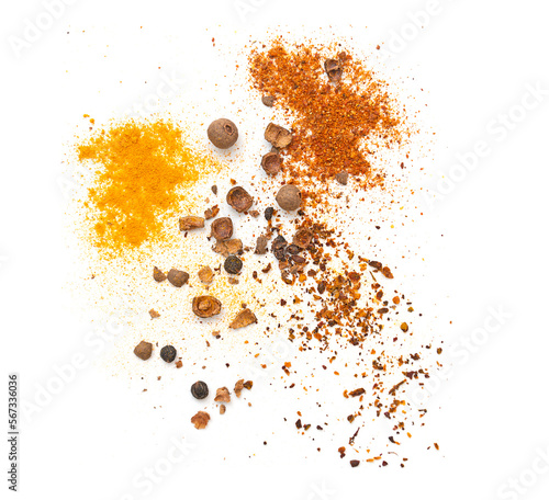 Kinds of seasoning paprika, turmeric or curcuma, black pepper allspice isolated on white, top view