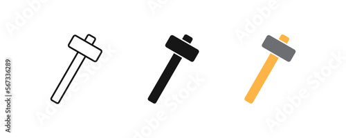 Hammer icon. Big sledge symbol. Metal sledgehammer signs. Work tool symbols. Law icons. Black and yellow color. Vector sign.