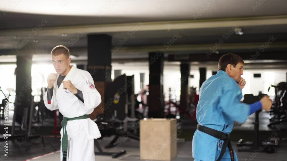 Two martial arts men in kimonos practice kicks and punches. Male