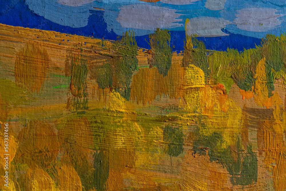 Obraz premium Abstract background closeup of a painting with brushstrokes. Rough art paint smear. Large multicolor spots of brush strokes and palette knife on the canvas