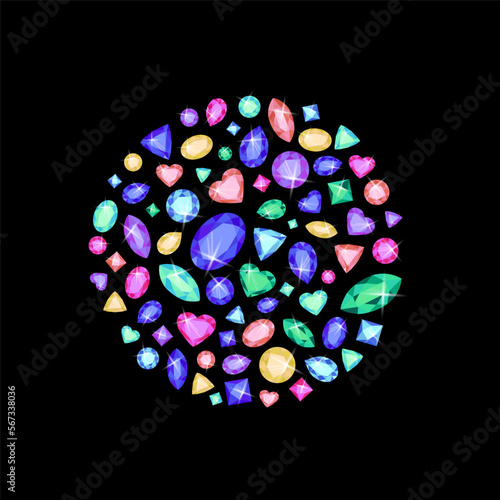 Multicolored gemstones of different shapes are gathered in a circle. T-shirt print, poster, sticker. Vector.