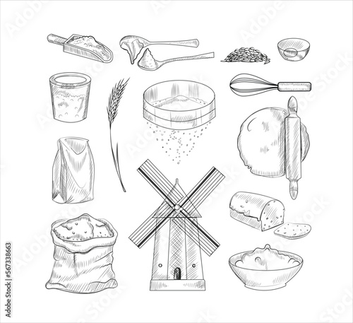Hand-drawn sketch set of wheat and flour. vector illustration .Wheat and flour production making. Ears of Wheat; flour in bowl, rolling pin and dough; windmill; shovel wheat grains
