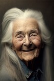 Generative AI illustration close up portrait of happy old woman with long while hair, natural light, sharp, detailed face, magazine, press, photo