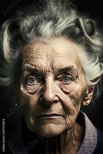 Generative AI illustration close up portrait of old woman with while hair, natural light, sharp, detailed face, magazine, press, photo © alvaher