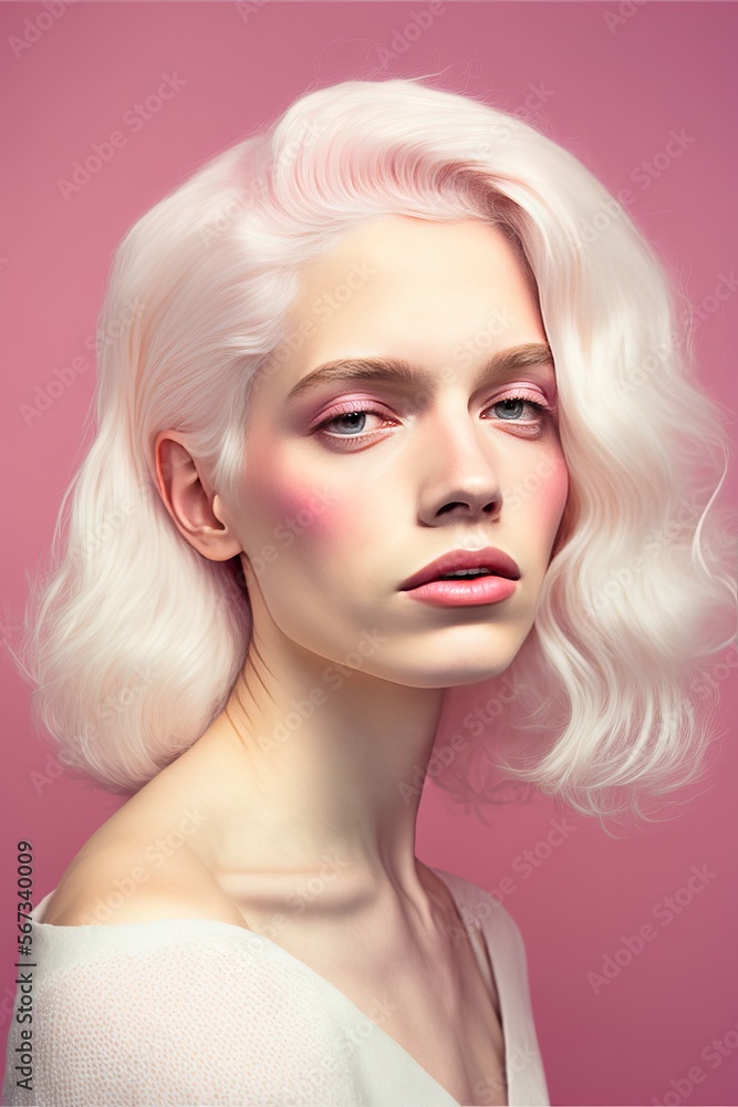 Generative AI illustration of portrait of woman with white hair in pink background Generative AI illustration of portrait of woman with white hair in pink background