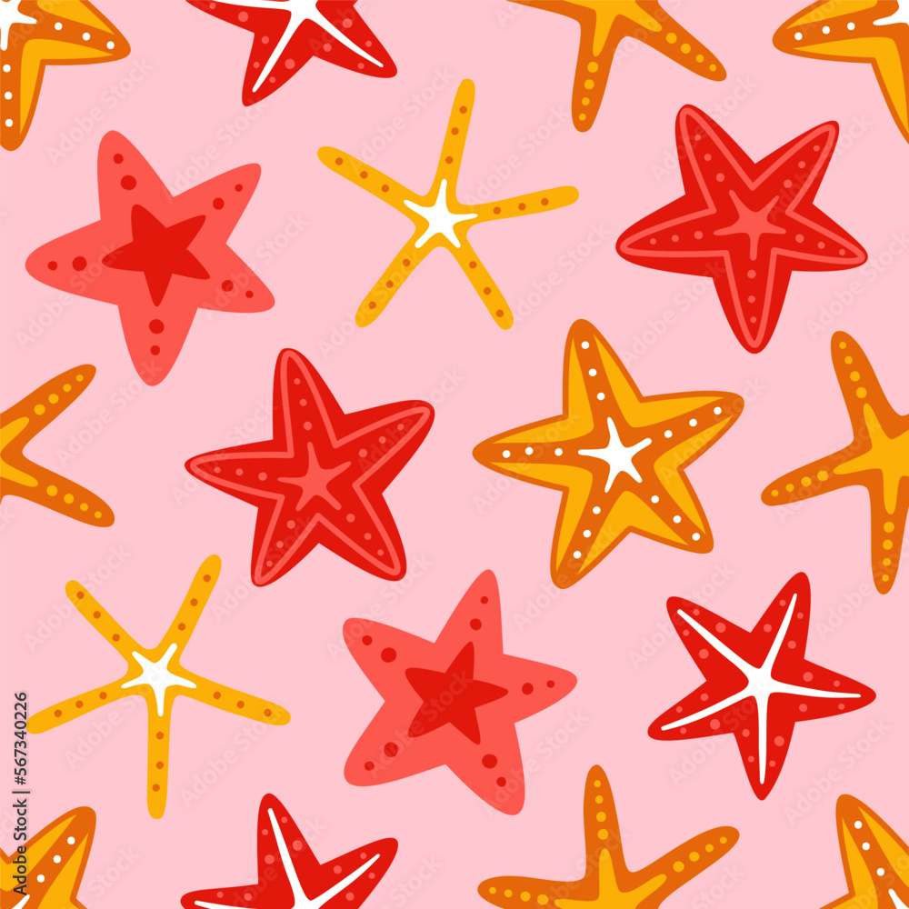 Vector seamless pattern with starfish on a pink background. Summer sea print. Vector seamless pattern with starfish on a pink background. Summer sea print.