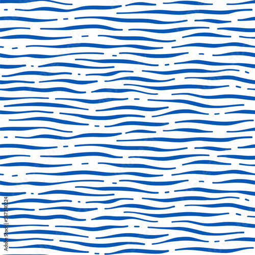 Vector seamless wavy blue monochrome pattern. Abstract linear waves on the water