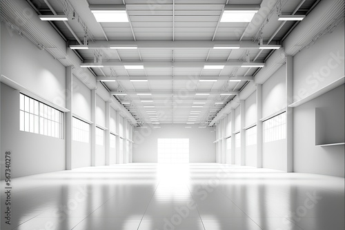 Generative AI illustration of empty white bright logistic warehouse