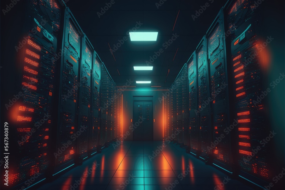 Generative AI illustration of dark servers data center room with computers and storage systems and glowing elements