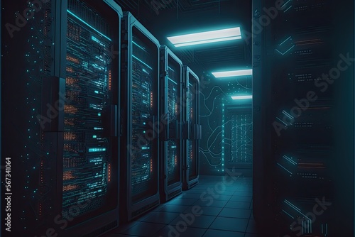 Generative AI illustration of dark servers data center room with computers and storage systems and glowing elements