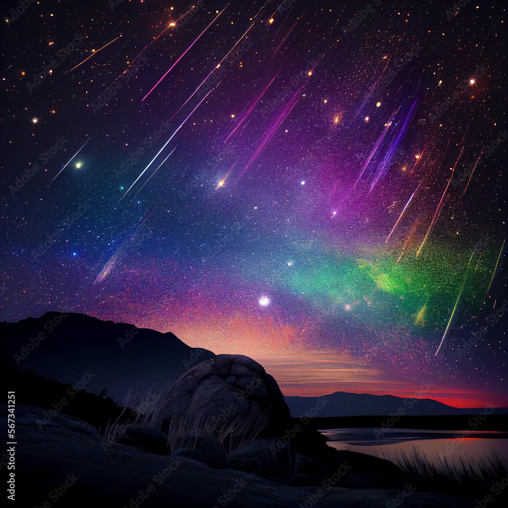 colorful night sky with shooting stars crossing over the mountains, generative AI