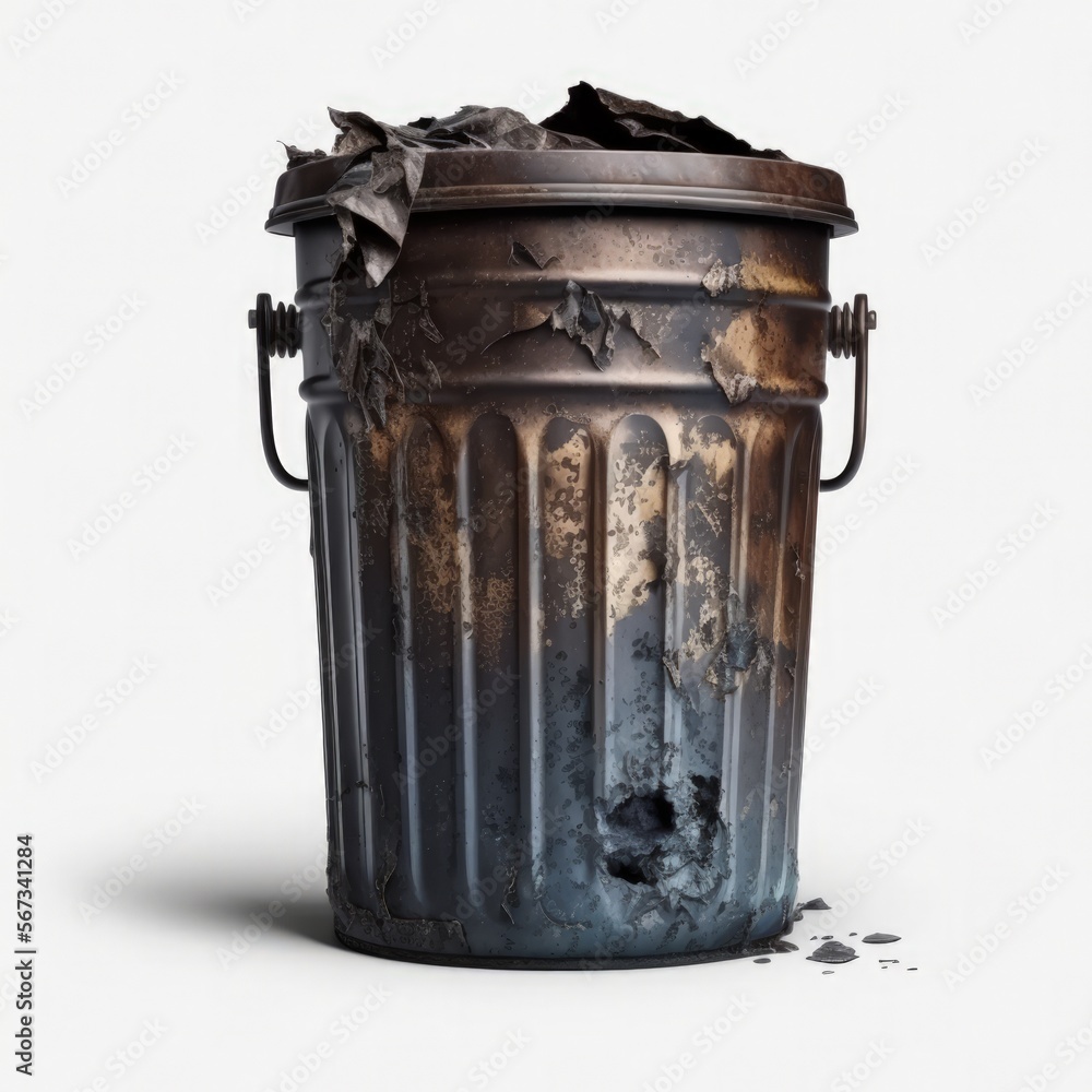 Old rusty and dirty trash can garbage pail bin isolated on a white