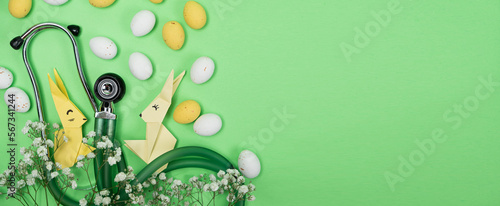 Canvas Print Happy and healthy Easter - medical banner with stethoscope, Easter bunny and egg