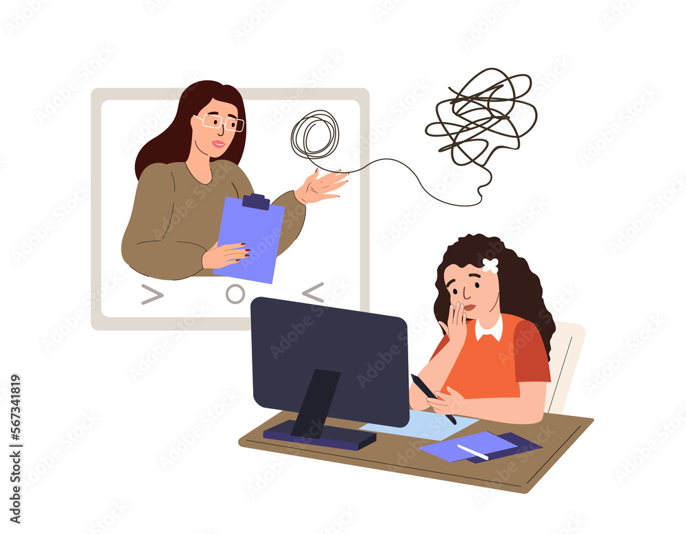 Psychological Help for Children Online session,zoom.Girl on Psychiatry Therapy. Woman Psychologist Support Kid Girl,Help to overcome Depression online video call on Laptop. People Vector Illustration Psychological Help for Children Online session,zoom.Girl on Psychiatry Therapy. Woman Psychologist Support Kid Girl,Help to overcome Depression online video call on Laptop. People Vector Illustration