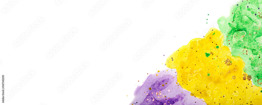 Watercolor background for Mardi Gras party. Fat Tuesday Holiday. Celebration greeting banner. Purple, yellow and green colours with gold sequins.