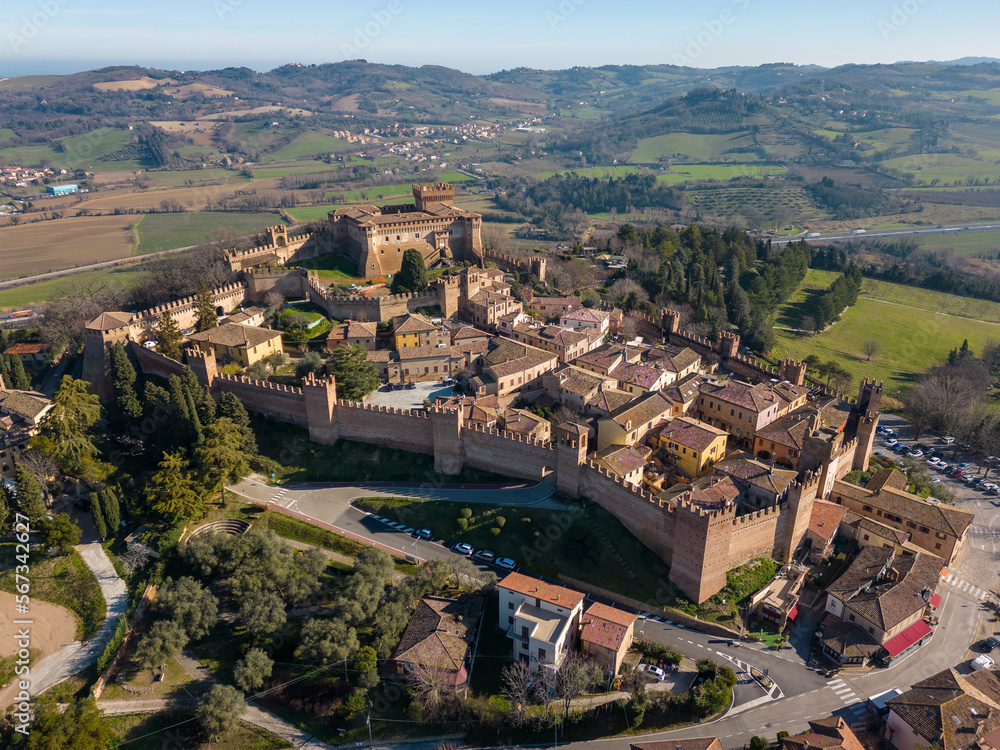 Obraz premium Italy, February 2023: aerial view of the medieval village of Gradara in the Province of Pesaro Urbino in the Marche region
