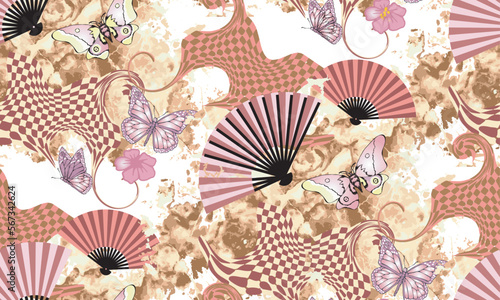 Seamless pattern in Japanese style. Fans, lanterns, butterflies, sakura flowers. Fashion textiles, fabric, packaging. 